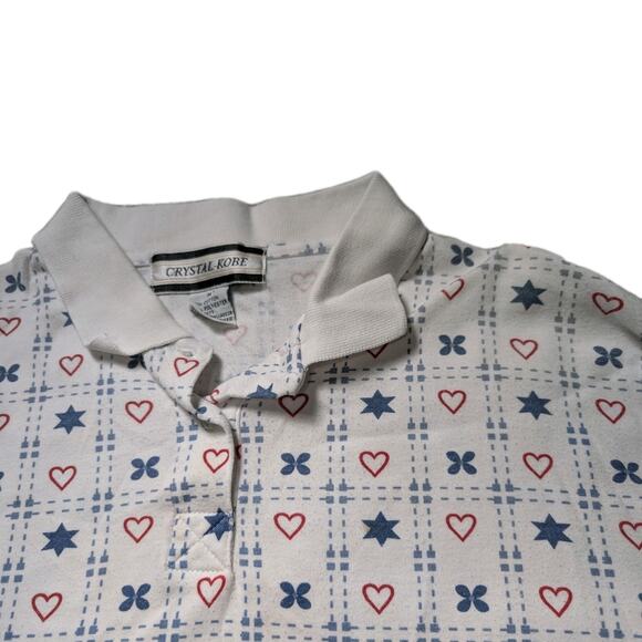 Vintage Heart Star Shape Polo Shirt Womens Medium Collared White Crystal Kobe - Picture 2 of 5